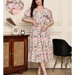 COLOR STUDIO Cotton Blend Woven Half Puffed Sleeves Leaves Printed Maternity Maxi Dress With Nursing Access - Beige-picture-8