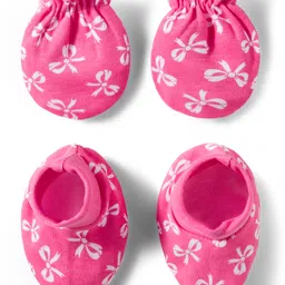 Babyhug 100% Cotton Knit Mittens & Booties Set with Bow Print - Pink image 1