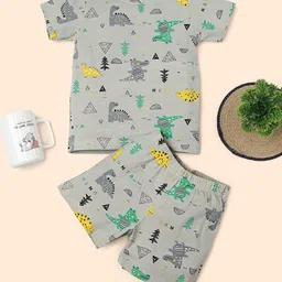RAINE AND JAINE Cotton Knit Half Sleeves Dinosaur Printed Coordinating Tee & Shorts Night Suit Set - Grey-image-23
