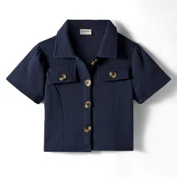 CrayonFlakes Knit Half Sleeves Solid Shirt Style Top - Navy Blue-image-58