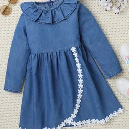 Bright Stars KIDSWEAR Denim Woven Full Sleeves Floral Lace Detailed Dress - Blue image 1