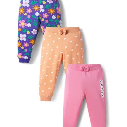 Babyhug Cotton Knit Full Length Polka Dot & Floral Printed Lounge Pants With Bow Applique Pack of 3 - Orange Pink & Navy Blue-picture-21
