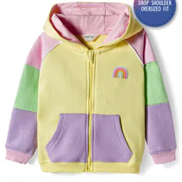 Bonfino 100% Cotton French Terry Full Raglan Sleeves Oversized Hooded SweatJacket with Rainbow Print & Kangaroo Pocket - Multicolor image 2
