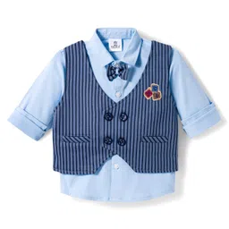 Mini Taurus Sinker Knit Full Sleeves Striped 3 Piece Party Suit With Attached Bow - Blue image 2