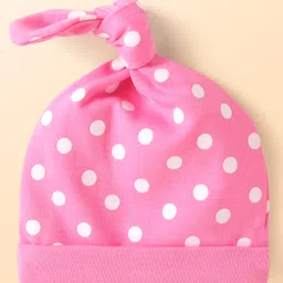 Babyhug Interlock Knit Caps with Floral Print & Polka Dots Pack of 2 - Pink & White image 4