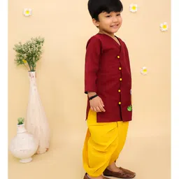 Junitos Cotton Woven Three Fourth Sleeves Dinosaur Embroidered Kurta Dhoti Set - Maroon image 5