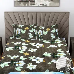 Myntra Elegant Homes Taupe Floral Woollen 300TC Fitted Double King Bedsheet Set-2.5mX2.20m image 4