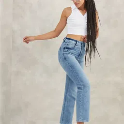 DOLCE CRUDO Women Wide Leg High-Rise Light Fade Stretchable Jeans-picture-39