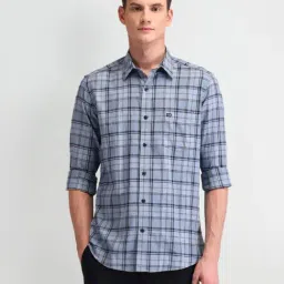 Arrow Sport Dark Blue Cotton Slim Fit Checks Shirt-picture-30