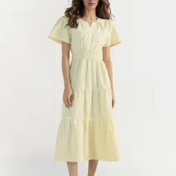Elle Women Yellow Solid V-Neck Pure Cotton Dress-image-98