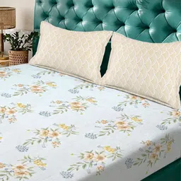 Aura White & Yellow Floral 300 TC Fitted Double King Bedsheet Set 2.50 m x 2.25 m image 5