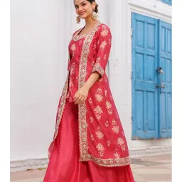 Scakhi Coral Chanderi Silk Floral Printed Shrug Set image 3