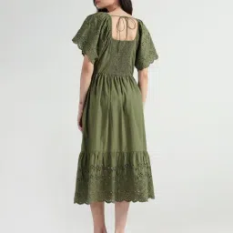 Elle Women Olive Solid V-Neck Pure Cotton Dress image 2