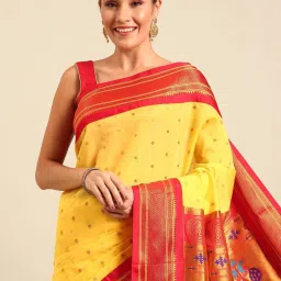 Varkala Silk Sarees Yellow & Red Woven Saree With Unstitched Blouse image 3