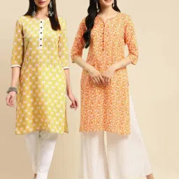 Rangita Orange & Yellow Cotton Printed Straight Kurta - Pack Of 2-picture-12