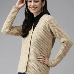 Cayman Women Beige Solid Woolen Cardigan image 3