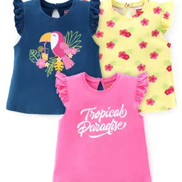 Babyhug Cotton Knit Frill Sleeves T-Shirts with Floral & Tropical Birds Print Pack of 3 - Yellow Navy & Pink-picture-12