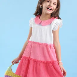 Babyhug Cotton Woven Frill Sleeves Color Blocked Frock - Pink & White-picture-36