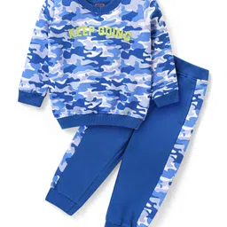 Babyhug Terry Knit Full Sleeves T- Shirt & Lounge Set with Camouflage & Text Print - Blue-image-21