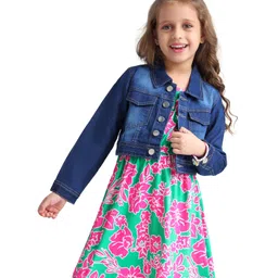 Hola Bonita Cotton Knit Floral Printed Frock With Full Sleeves Solid Denim Jacket - Pink-image-36