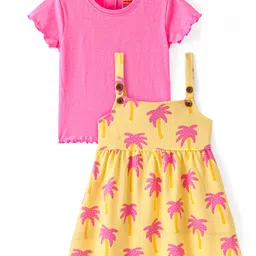 Babyhug Cotton Knit Printed Frock With Half Sleeves Solid Coloured Inner Tee - Yellow & Pink-image-25