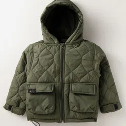 Little Kangaroos Knit Full Sleeves Hooded Padded Jacket With Quilted Design - Olive Green-picture-24