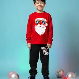 Trampoline Cotton Blend Full Sleeves Santa Claus Printed Tee With Track Pants Set - Red & Black image 1