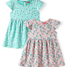 Babyhug Single Jersey Knit Cap Sleeves Floral Printed Dresses Pack of 2 - Aqua Blue & Peach-picture-15