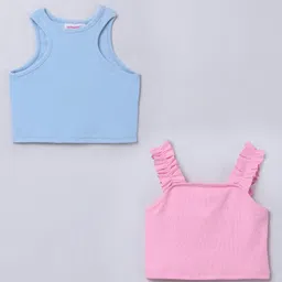 Taffykids Pack Of 2 Sleeveless Solid & Ruffle Detailed Tops - Pink & Blue-image-32