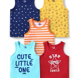 Doodle Poodle 100% Cotton Sleeveless Vest with Stripes & Star Print Pack Of 5 - Navy Blue & Red-picture-14