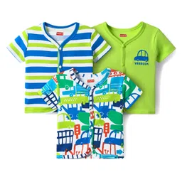 Babyhug 100% Cotton Knit Antibacterial Half Sleeves Front Open Vests with Vehicle Print & Stripes Pack of 3 - Light Green-image-27