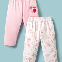 Ben Benny 100% Cotton Knit Full Length Leggings with Floral Print Pack of 2 - White & Pink image 1