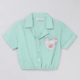 Taffykids Viscose Linen Knit Half Sleeves Heart Pocket Detailed Crop Top - Mint Green-image-13