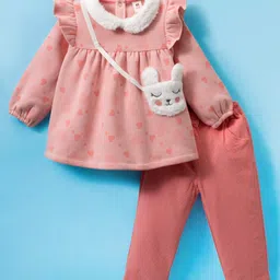 ToffyHouse Knitted Full Sleeves Heart Printed Top & Leggings Set with Sling Bag Applique & Frill Detailing - Peach-image-98