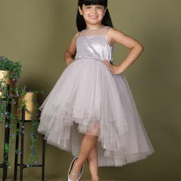 Toy Balloon Kids Net Woven Sleeveless Foil Dots Printed Gota Lace Embellished High Low Dress - Lavender-picture-22