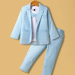 Rikidoos Full Sleeves Striped Blazer & Coordinating Pant With Bow Applique Detailed Tee Set - White & Sky Blue-picture-24