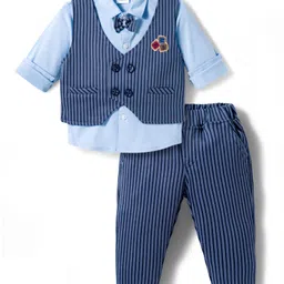 Mini Taurus Sinker Knit Full Sleeves Striped 3 Piece Party Suit With Attached Bow - Blue-picture-20