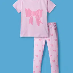 kookie kids india Kookie Kids Single Jersey Knit Half Sleeves Night Suit With Bow Print - Pink-picture-18