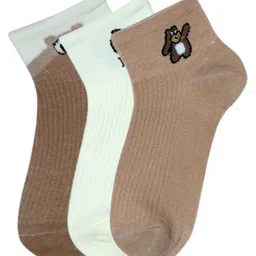 NEXT2SKIN Cotton Spandex Knit Pack of 3 Bear Printed Socks - White & Brown-picture-15
