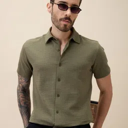 Status Quo Men Standard Fit Textured Spread Collar Casual Shirt-image-0