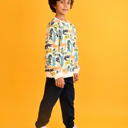 Anthrilo Fleece Full Sleeves Crocodile Printed Sweatshirt With Joggers Set - White & Navy Blue image 4