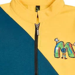 Earth Conscious Fleece Knit Full Sleeves Colour Blocked M Alphabet Printed Zipper Winter Jacket - Yellow & Olive Green image 4