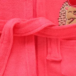 Babyhug Full Sleeves Cotton Knit Hooded Bath Robe  Animal Embroidery with Pocket - Red image 4