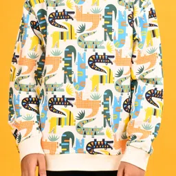 Anthrilo Fleece Full Sleeves Crocodile Printed Sweatshirt With Joggers Set - White & Navy Blue image 5