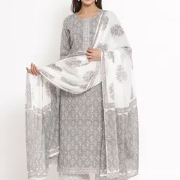kipek Women Grey & White Printed Kurta with Palazzos & Dupatta image 1
