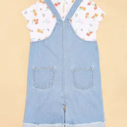 Pantaloons Junior Kids White & Blue Cotton Printed T-Shirt & Dungaree image 3