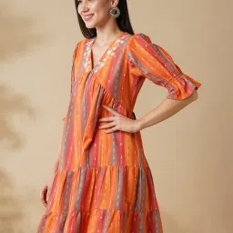 Globus Orange Cotton Embroidered A Line Dress image 3