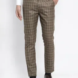 Jainish Brown Cotton Tapered Fit Checks Flat Front Trousers-picture-18