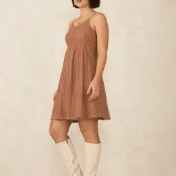 VIRGIO Brown Cotton Self Sleeveless Dress image 3