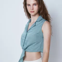 Cover Story Blue Regular Fit Crop Shirt image 3